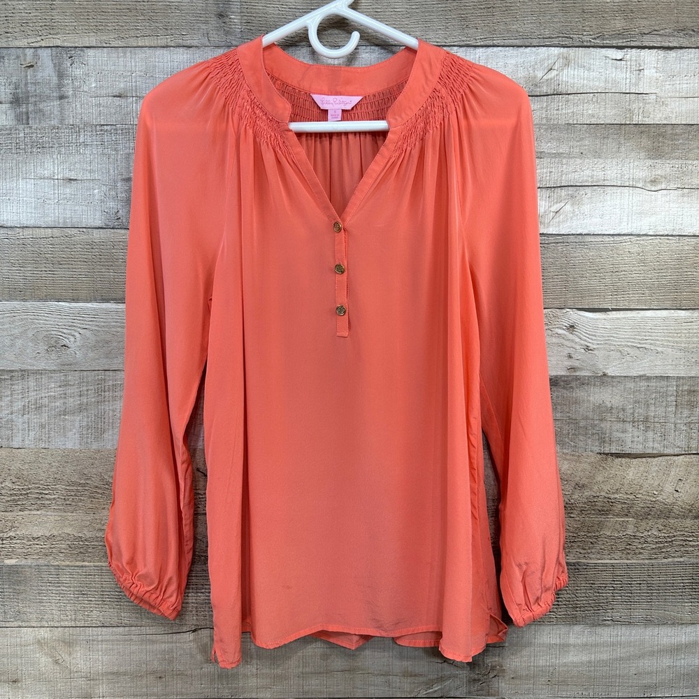 Lilly Pulitzer Elsa Top 100% Silk Coral Orange Smocked‎ Neck Blouse Womens Small